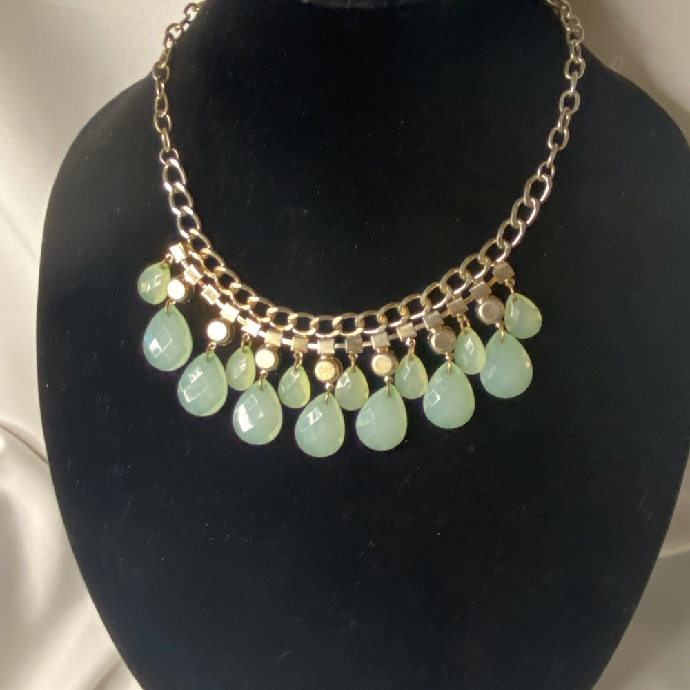 Pretty light green necklace with white stones, golden color$16 - Picture 2 of 2